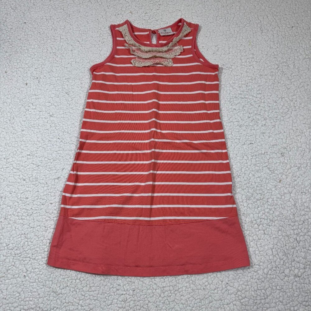 Hanna Andersson Girls A-Line Dress Striped Crew Neck Lace Trim Sz 140 (US 10)